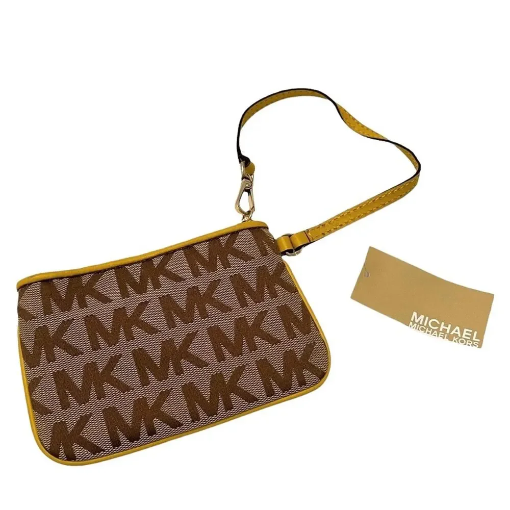 NEW MICHAEL KORS Wristlet Signature Tan & Brown Yellow Trim FAST SHIP 681-23